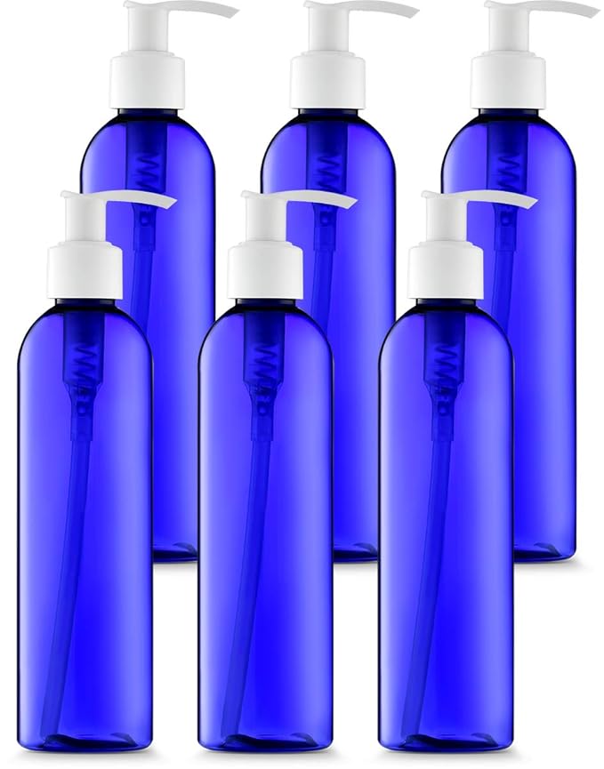 BAR5F Empty Lotion Bottles 8 Oz. Round Blue with White