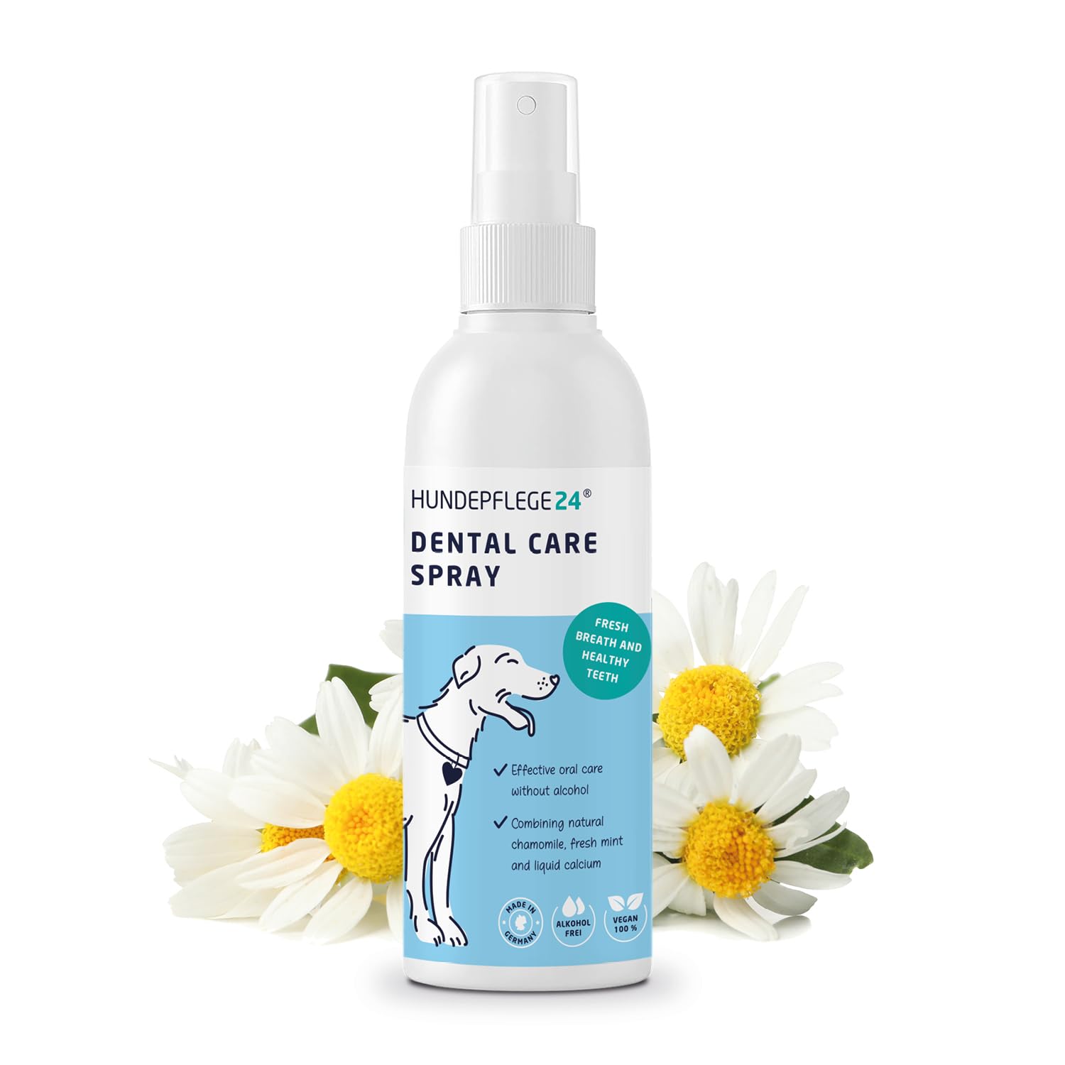 Hundepflege24 Dog Dental Care Spray - Healthy, clean, strong teeth & gums + fresh breath for dogs - Natural ingredients like chamomile, calcium & mint - Dental Spray for Dogs & Cats 125ml