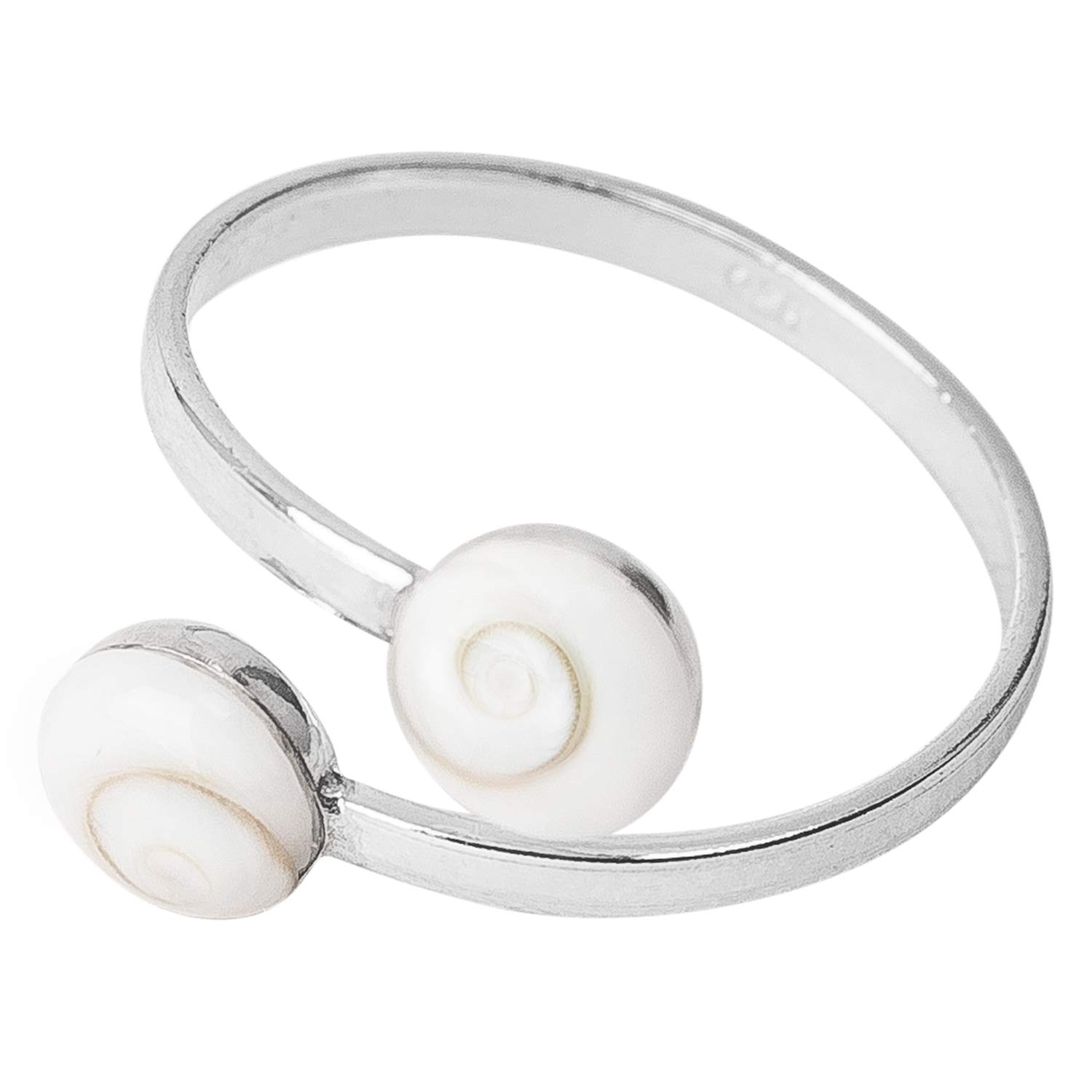 Vurmashop 925 Sterling Silver Ring with Eye of Shiva - Natural Stone Saint Lucia - Natural Sea Shell - Women - Adjustable Spiral Design - White - Mediterranean Jewelry