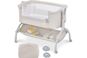 BABY JOY Baby Bassinet, 3-in-1 Rocking Bassinet w/Storage Basket, Double-Lock Design, 7 Adjustable Heights, Soft Mattress & Portable Travel Bag, Bassinet Bedside Sleeper for Newborns Infants (Beige)