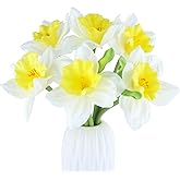 FAICOIA 6 Pcs Artificial Daffodils Flowers Spring Silk Daffodils Artificial Flowers White Narcissus Flowers Fake Silk Flower Arrangement for Home Wedding Decor Indoor Outdoor