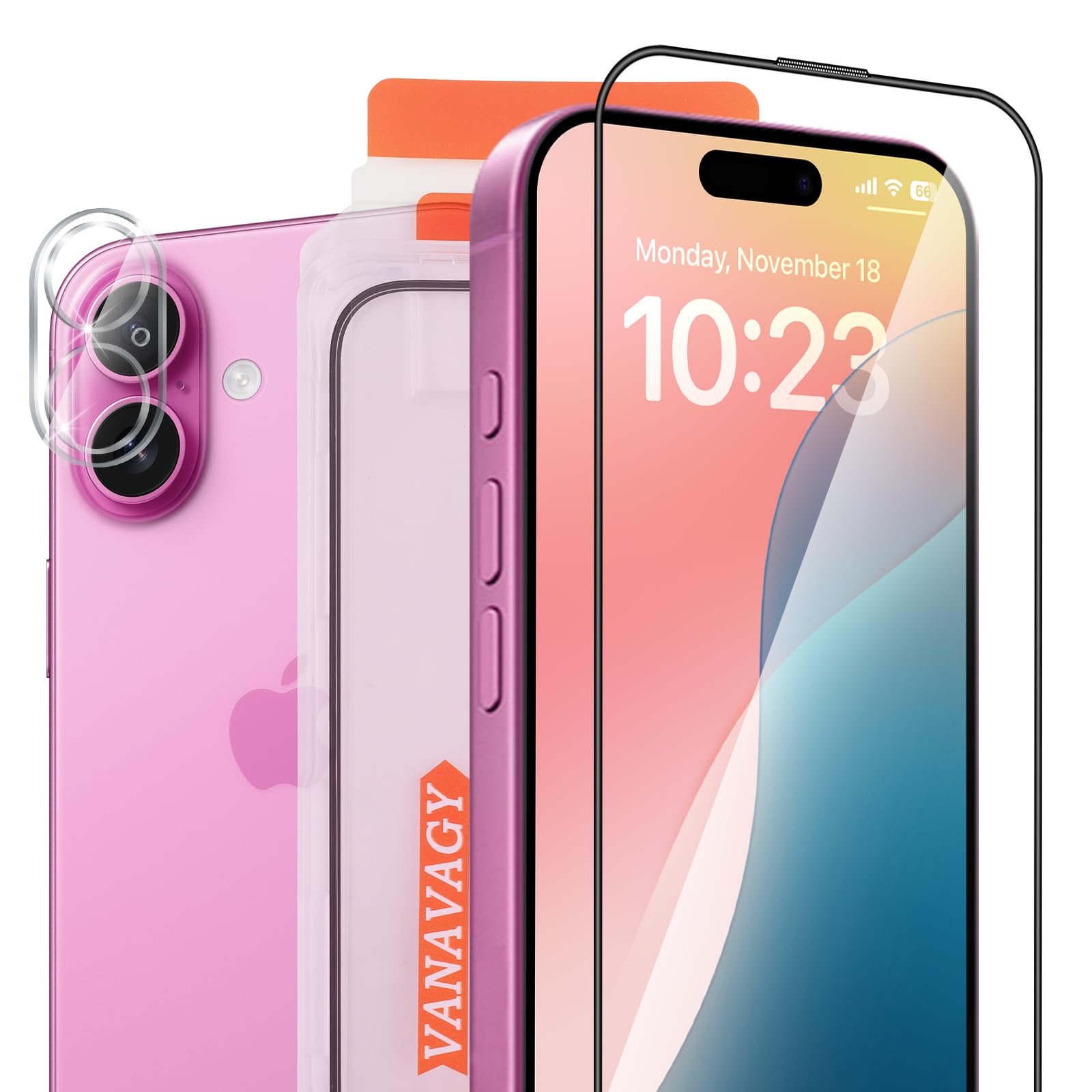 VANAVAGY Glass Screen Protector Compatible for iPhone 16 plus 6.7 inch [2 Pack][Scratch Resistant], Camera Lens Protector included, Film with Frame Full Coverage Case for Easy Installation