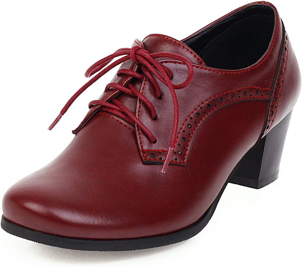 Vimisaoi Women's Vintage Lace-up Square Toe Chunky Mid Heel Oxfords Brogues Pump Shoes