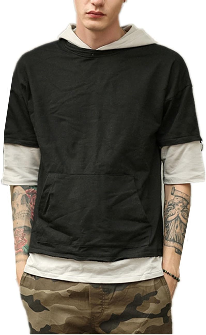YACOPO Men's Short Sleeve Pullover Hoodies Casual Fake Two Pieces Shirts Tops