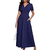 MarryUP Women Casual Loose Maxi Dress with Pockets V Neck Short Sleeve Tiered Long Summer Beach Swing Dresses