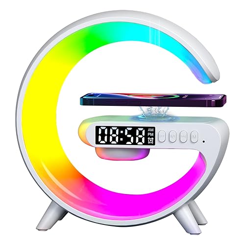 Domigard G Lamp Wireless Bluetooth Speaker Night Lights, Wireless Charger Lamp with Alarm Clocks, RGB Colour Night Light for Bedroom, Dimmable LED, Birthday Gifts Gadgets For Teenage Boys Girls(White)