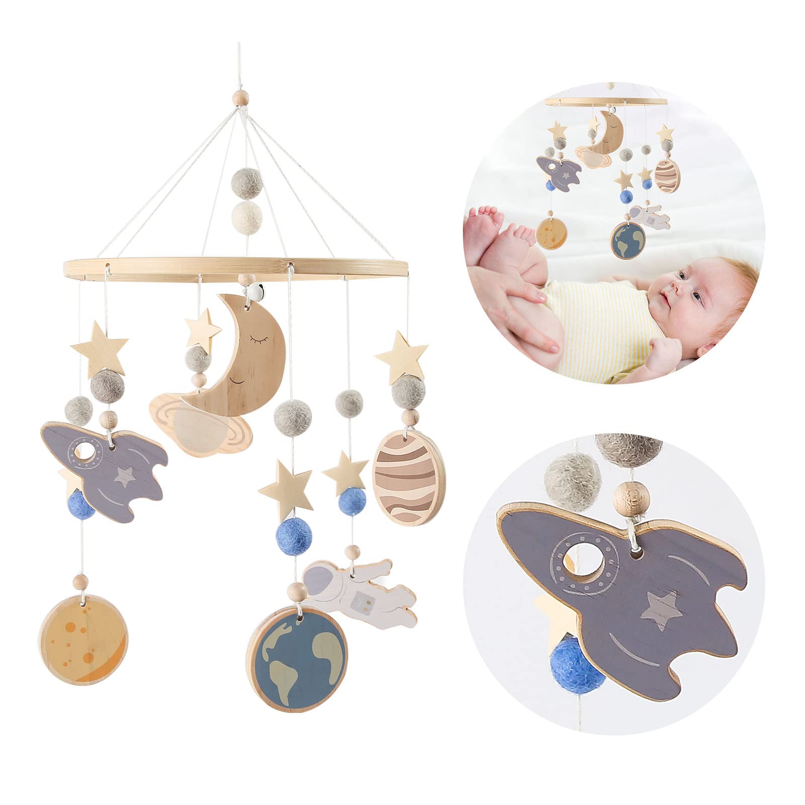 Promise Babe Wooden Star Moon Baby Planet Universe Cot Mobiles - Felt, Crochet, Newborn Boy & Girl Bed Mobiles with Wind Chimes