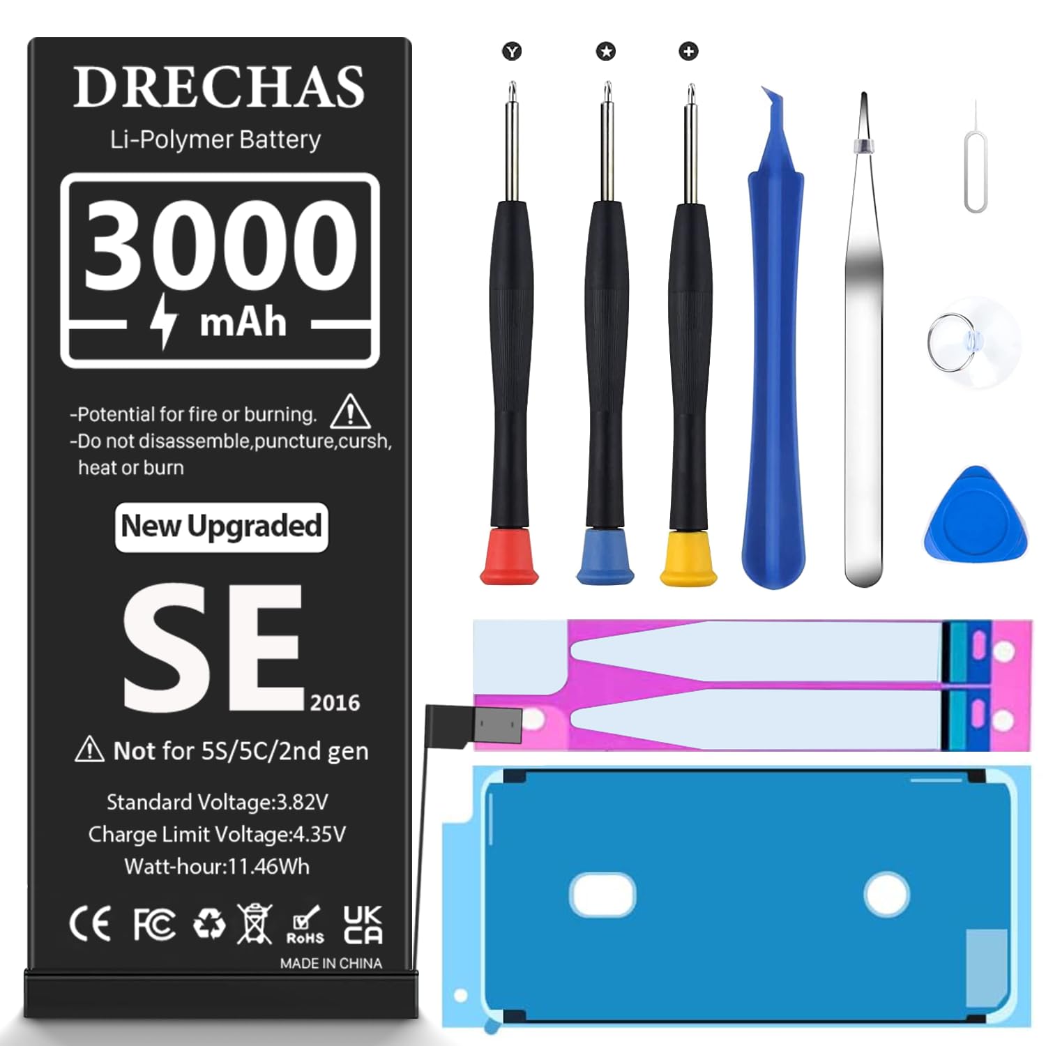 Photo 1 of DRECHAS Battery for iPhone SE 2016 First Gen(3000mAh), High Capacity 0 Cycle Li-Polymer Replacement Battery for iPhone SE 2016 1st Generation A1662, A1723, A1724 with Professional Repair Tool Kit