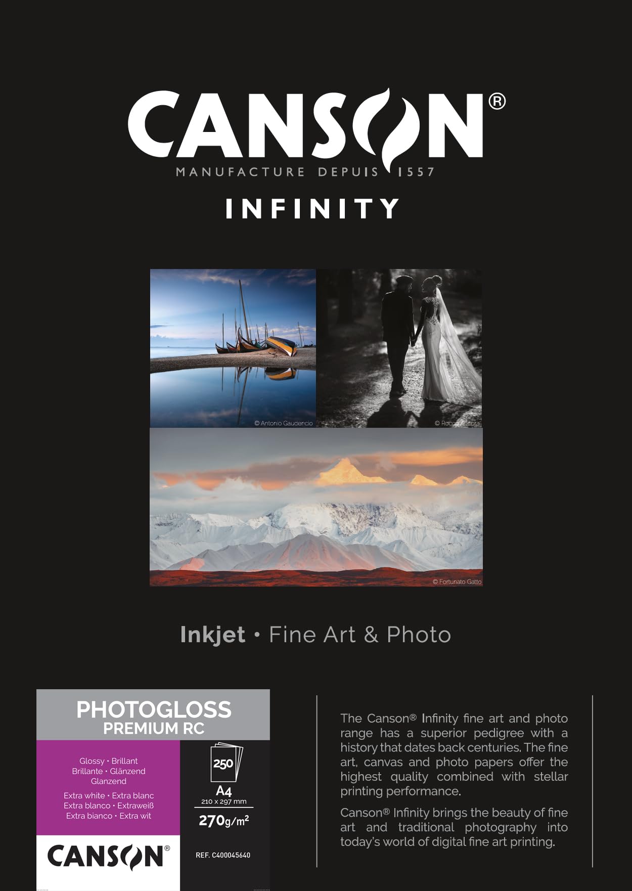 CANSON Infinity Gloss Premium RC Photo Paper, 270gsm A4 250 Glossy Extra White Sheets, Ideal for Professional Photographers