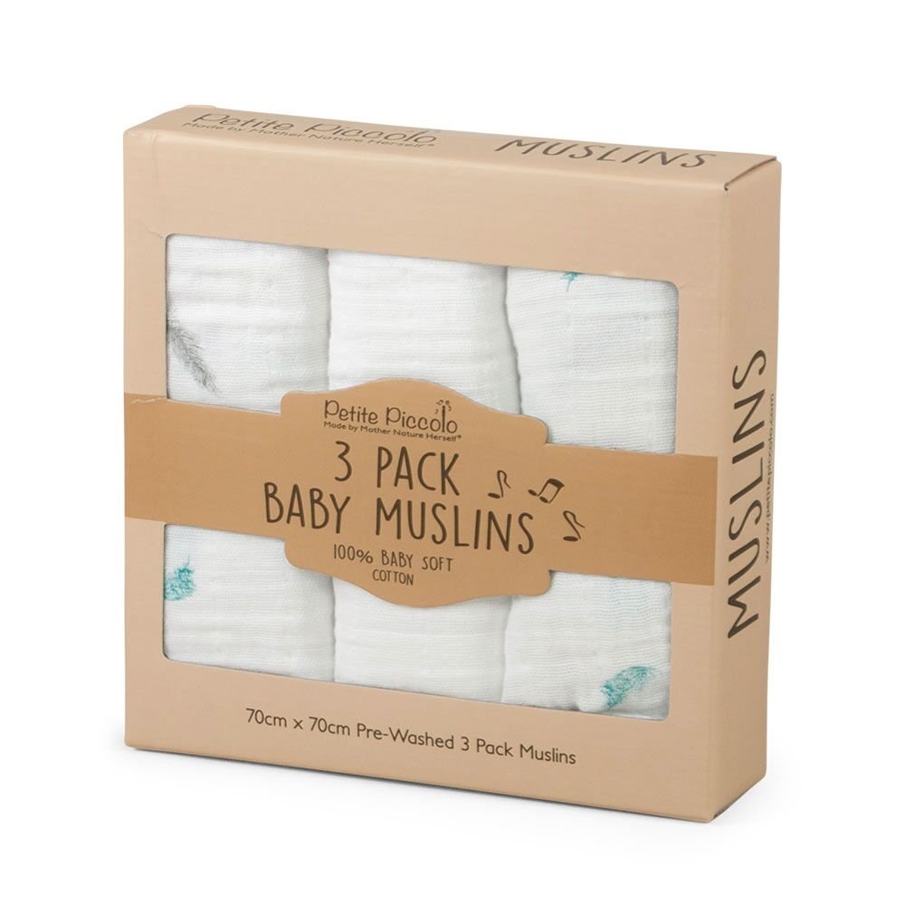 Petite Piccolo Baby Muslins, Feathers, Pack of 3