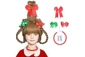 FantaLook Long Braided Light Brown Christmas Cosplay Wig with Red Bead Necklace and Red and Green Polka Dot Bows for Halloween Costume