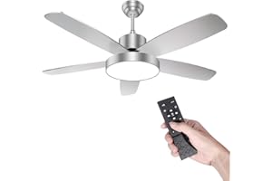 ODUFO 52 Inch Ceiling Fan with Light and Remote, 5 Wood Blades, 6 Speed Reversible DC Motor, Wobble-Free Flush Mount Design, 3 Color Dimmable-Ideal for Farmhouse, Patio, Bedroom (Silver, 52inch)