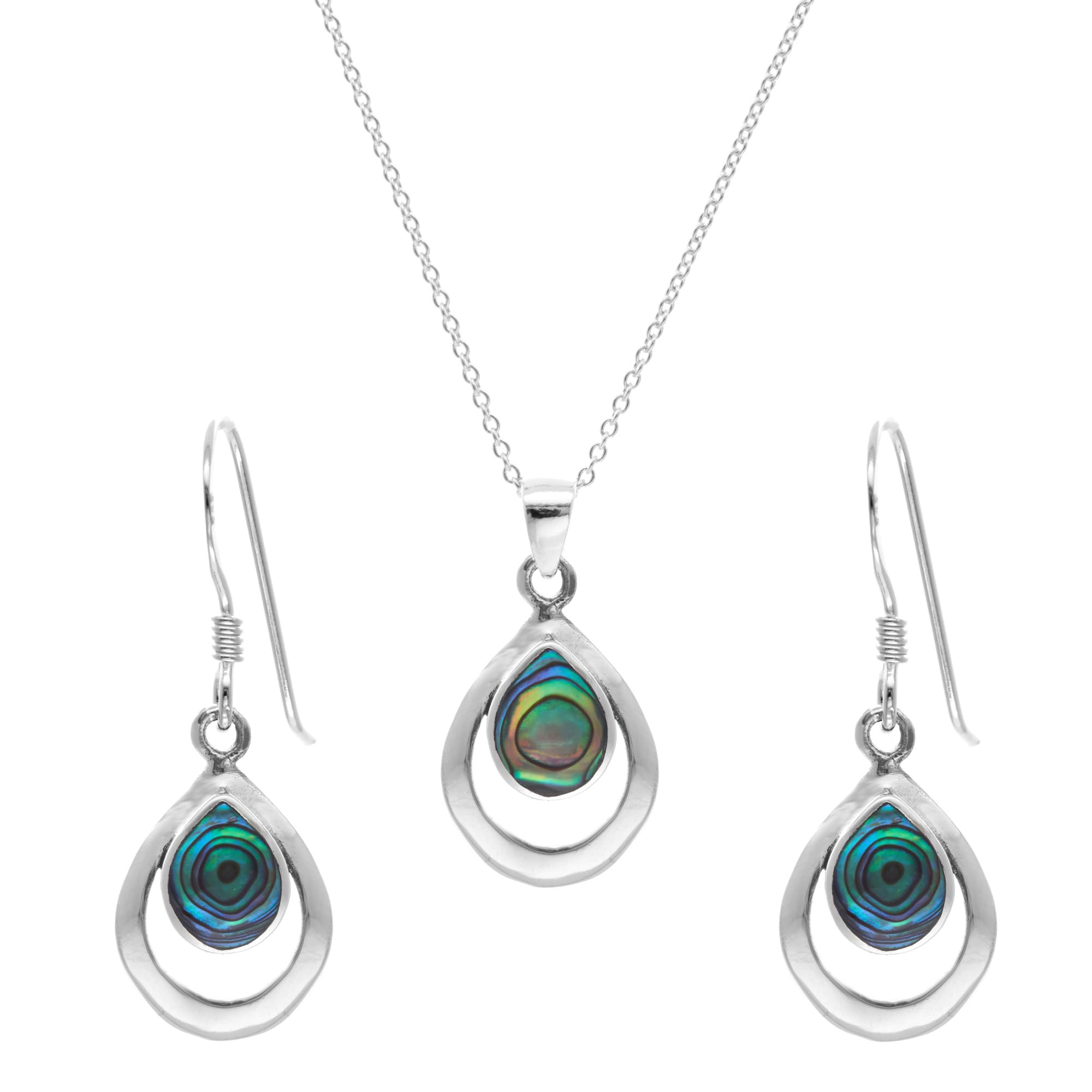 Silverly Sterling Silver Abalone Open Teardrop Jewellery Set for Women - 925 Silver Pear Paua Shell Drop Earrings – Simple Minimalist Coastal Birthstone Earrings and Necklace - Gemstone Jewellery Gift