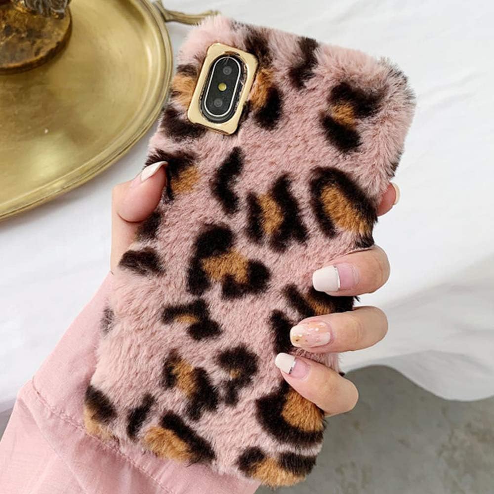 LAPOPNUT Plush Cover for iPhone 7 iPhone 8 iPhone SE 2020 Case Fluffy Leopard Pattern Faux Fur Case Soft Furry Shockproof Winter Warm Fuzzy Protective Case Cover,Pink