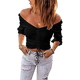 Bigeoosh Womens Crop Tops Off Shoulder Ruched Ruffle 3/4 Sleeve V Neck Shirts Sexy Summer Blouse