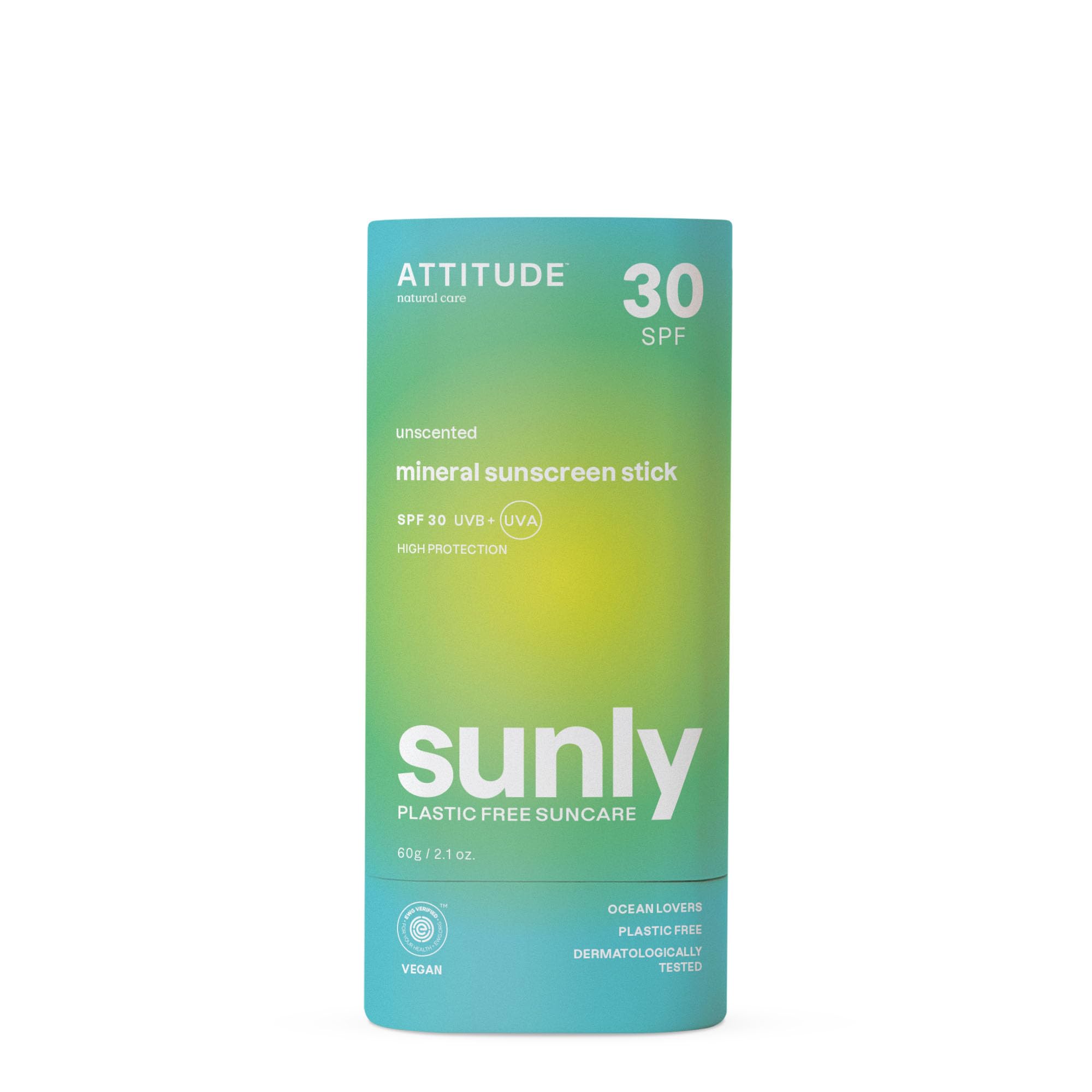 ATTITUDE Mineral Sunscreen Stick with Zinc Oxide, SPF 30, EWG Verified, Plastic-Free, Broad Spectrum UVA/UVB Protection, Dermatologically Tested, Vegan, Unscented, 60 g