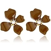 TUCEWP Cute Flower Earrings Red Vintage Flower Drop Earrings Trendy Fashion Pearl Statement Earrings Chic Elegant Enamel Floral Stud Earrings for Women Mom Holiday Wedding Birthday Jewelry Gift