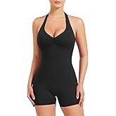 YEOREO Women Halter Workout Jumpsuits One Piece Backless Bodycon Bodysuits Hidden Scrunch V Back Yoga Joceline Short Romper