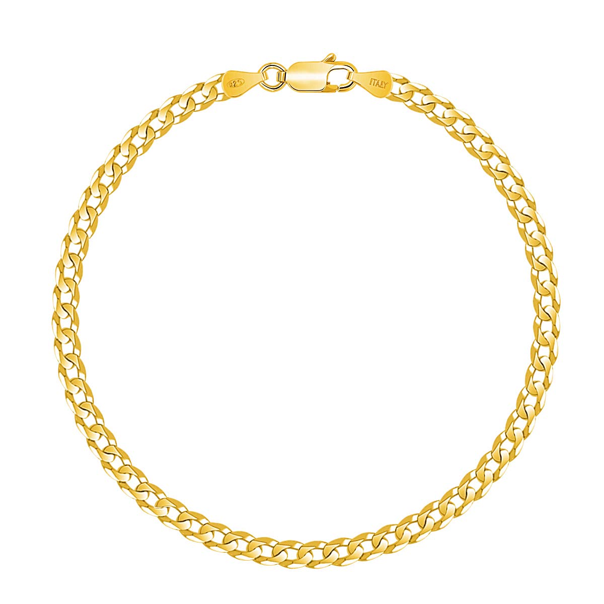PLANETYS - 18K Yellow Gold Plated 925 Sterling Silver Flat Diamond Cut Curb Chain Bracelet Width 3.3 mm