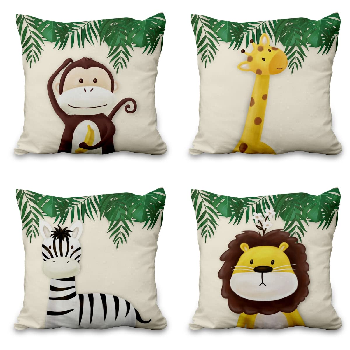 Aoihrraan 16 x 16 Inch Cute Cartoon Animal Cushion Covers Forest Monkey Giraffe Floral Plant Beige Square Linen Baby Decorative Throw Pillow Cover Children's Party Kid Sofa Bed Car, 41x41cm Sets of 4