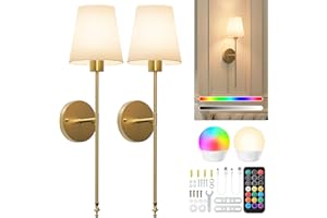Brightown Battery Operated Wall Sconces Set of 2, Cordless Wall Lights with Rechargeable Bulbs and Remote, 12 Lighting Colors and Dimmable, Battery Powered Wall Lights for Bedroom Living Room, Gold