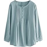 Minibee Women's Scoop Neck Pleated Blouse Solid Color Lovely Button Tunic Shirt