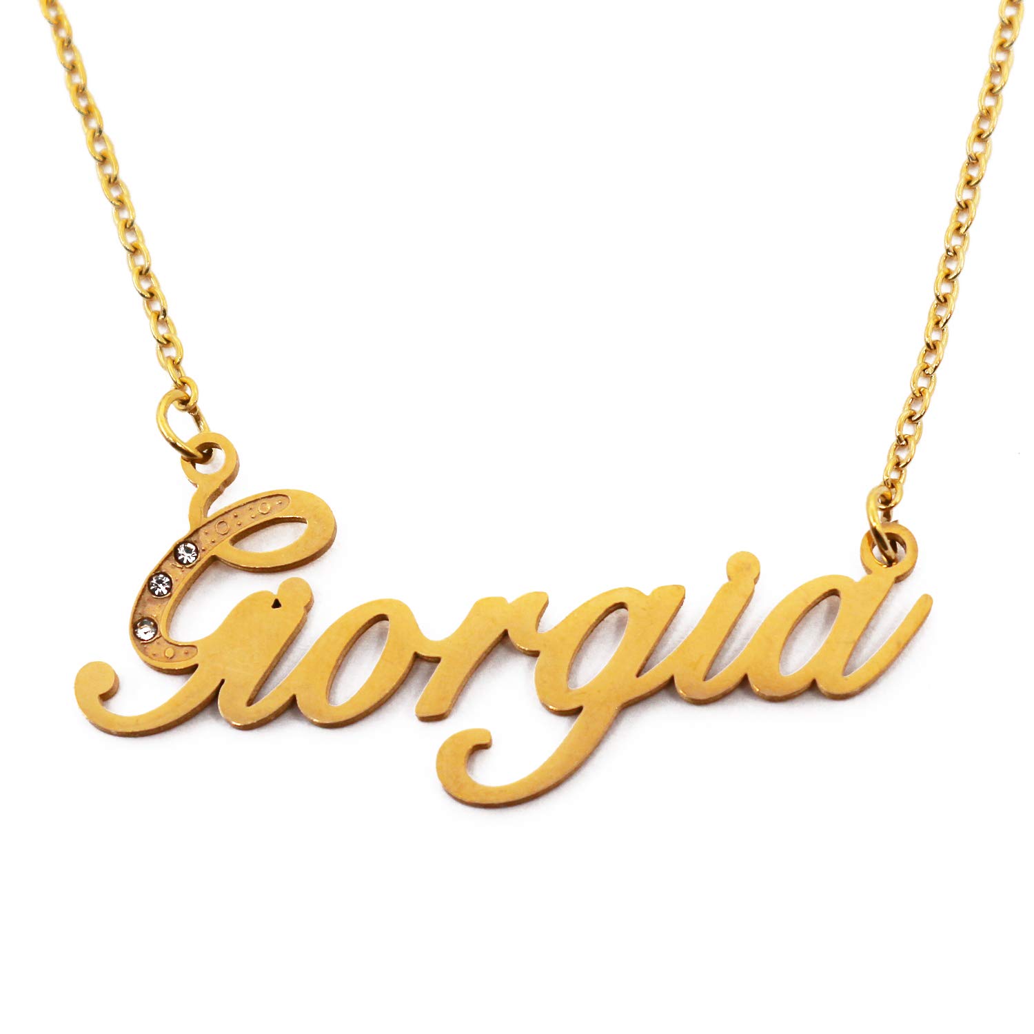 Kigu Giorgia Italic Personalised Name Necklace With Cubic Zirconia Gold Plated, Custom Dainty Name Pendants, Jewellery for Ladies, Girlfriend, Mother, Sister, Friends