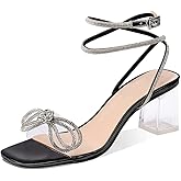 XINIUNIU Clear Bow Heels for Women Rhinestone Heeled Sandals Strap Transparent Crystal Square Toe Block Chunky Heels 2.5 Inch Dress Wedding Shoes