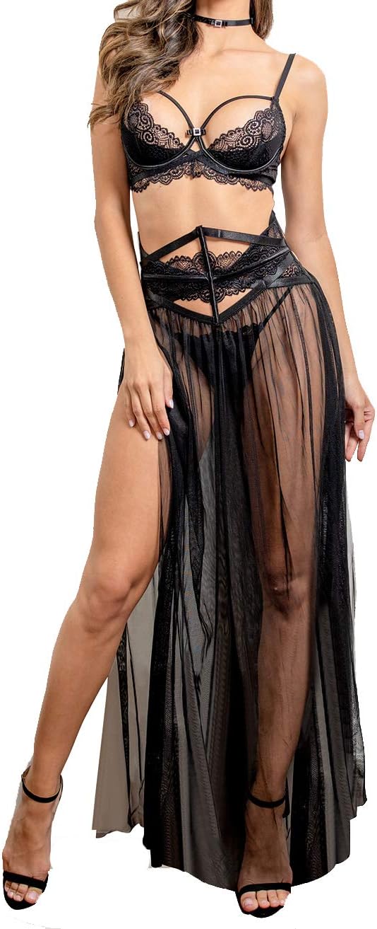 Women Sexy Lace Lingerie Set,Bra and Corset Long Sheer Lace Dress Nightgown with G-String 4 Piece Lingerie Set