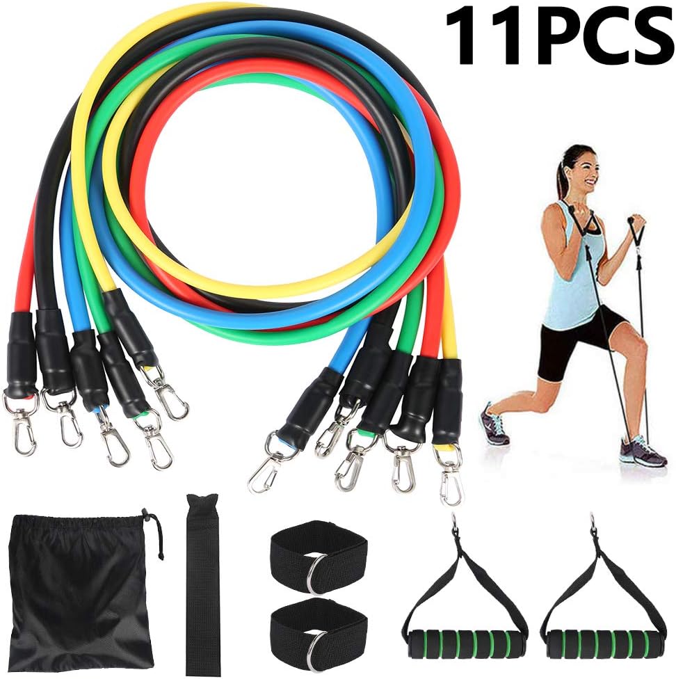 ODOMY 11 PCS Portable Resistance Bands Set, Including 5 Stackable Exercise Bands with Door Anchor,2 Foam Handle,2 Metal Foot Ring,1 Carrying Case - Home Workouts, Physical Therapy, Gym Training, Yoga