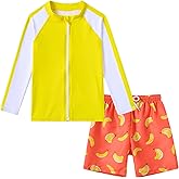 Boys Two Piece Swim Set Zipper Rash Guard Swimsuits Long Sleeve Bathing Suit for 4-12 Years