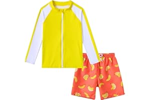 SUNFOCUS Boys Two Piece Swim Set Zipper Rash Guard Swimsuits Long Sleeve Bathing Suit for 4-12 Years