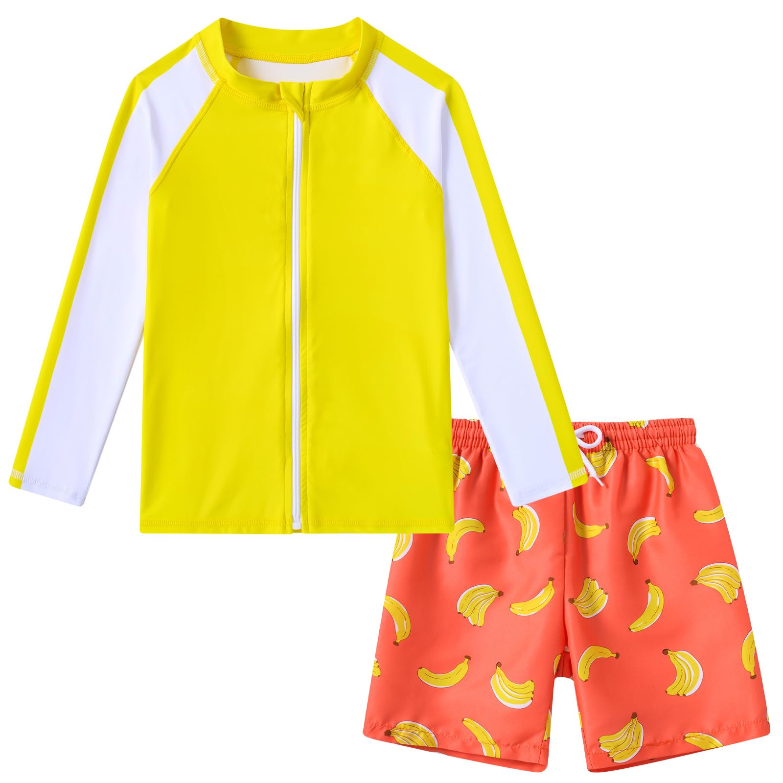 Photo 1 of 11t 12t Boys Swim Set Two Piece Bathing Suit Kid Rash Guard Swimwear Long Sleeve Zipper Yellow Banana Swimsuit Orange Swim Trunks with Shirt Size 10-12