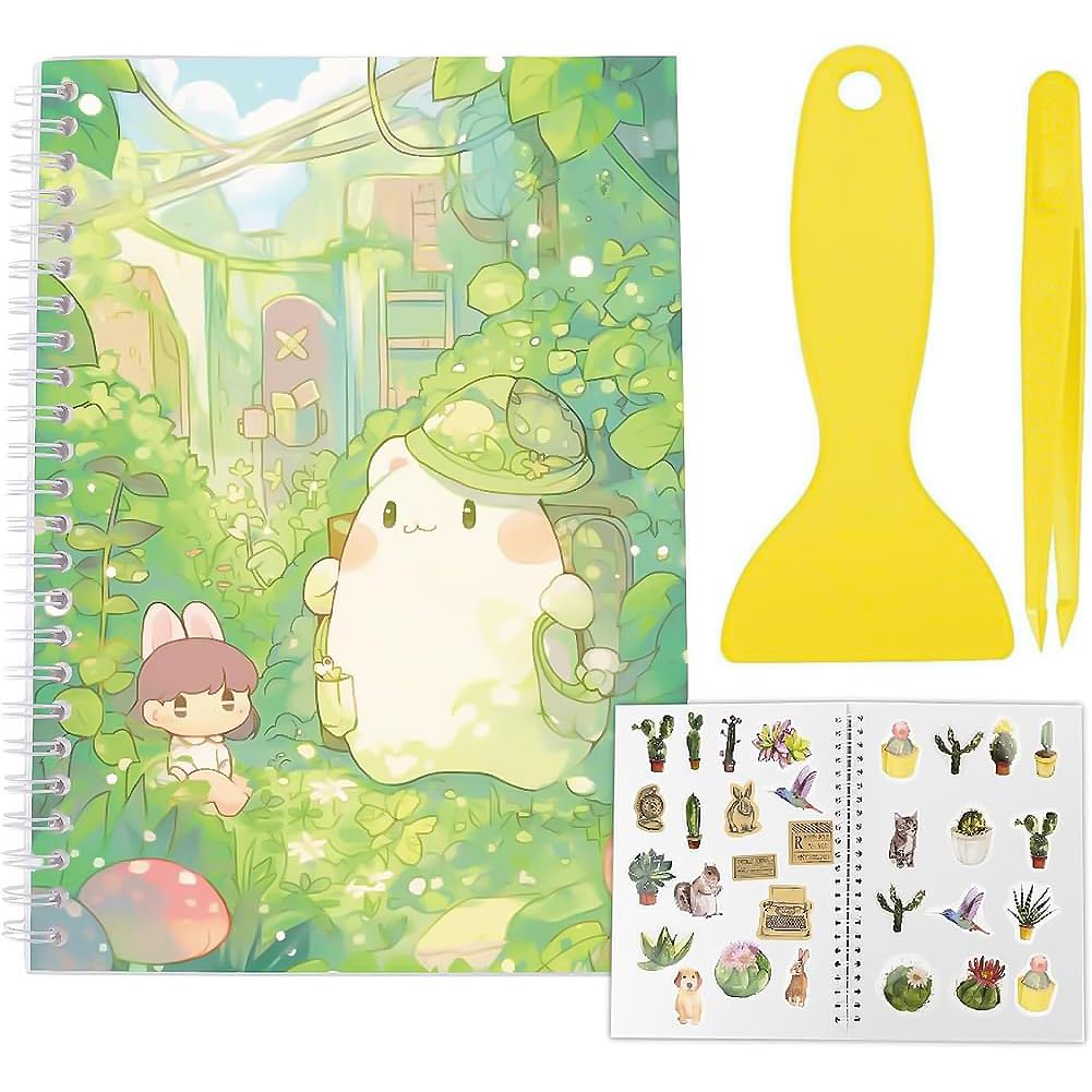 CRASPIRE Reusable Sticker Storage Book Collecting with Tweezer and Scraper A5 40 Sheets Stickers Collection Books Album Holder Keeper Green Clear Cover Sticker Saver Organizer for Storage Labels