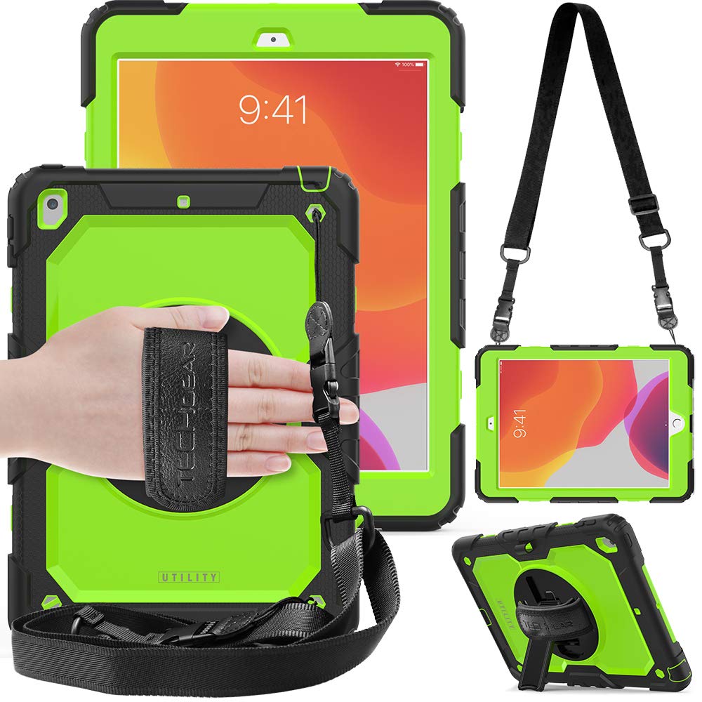 TECHGEAR Utility Case for iPad 10.2 2021/2020/2019 [9th, 8th and 7th Generation] Hard Shockproof Protection with 360 Degree Swivel Stand, Shoulder Strap and Hand Grip [Green]