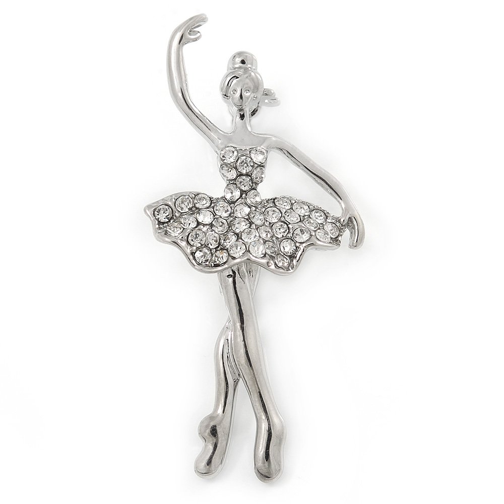 Rhodium Plated Clear Crystal Ballerina Brooch - 50mm L