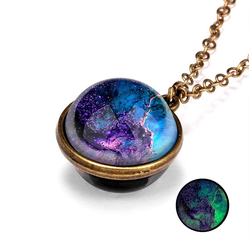 JoCome✨ Planet Necklace, Galaxy System Double Sided Glass Dome Glow in The Dark Star Necklace Pendant (B)
