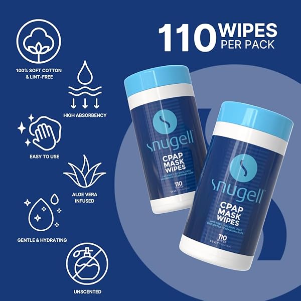 SNUGELL UNSCENTED CPAP MASK WIPES – 110 COUNT –100% SOFT COTTON – LINT & ALCOHOL-FREE – SKIN-SAFE FORMULA WITH ALOE VERA – EASY-TO-OPEN CANISTER – PERFECT FOR CLEANING CPAP MASKS, TUBES, AND DEVICES
