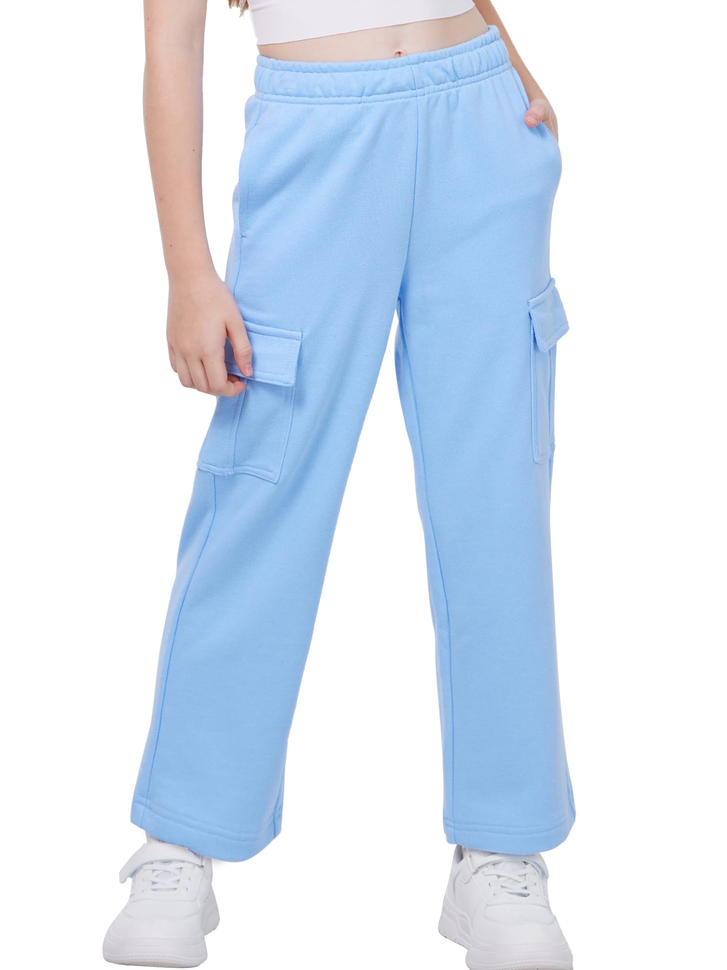 Photo 1 of WULFUL Girl’s Cargo Sweatpants Wide Leg Fleece Lined Casual Pants for Girl Fall Winter Baggy High Waisted Pants with Pockets Blue