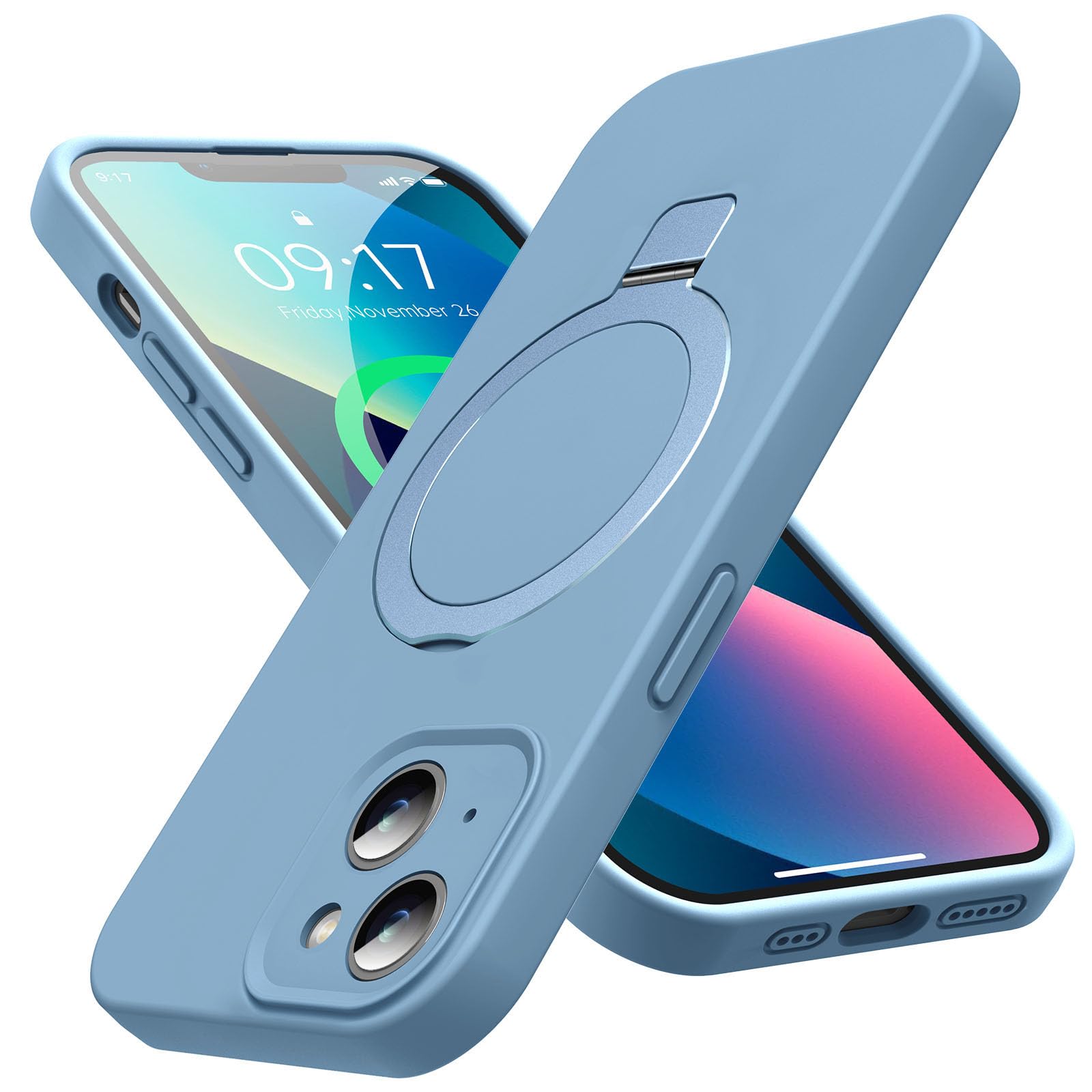 Photo 1 of KMAMBAG Mag-Ring Designed for iPhone 13 Case, Liquid Silicone [Moisturizing Factor] Extreme Soft Slim Phone Case with Stand [Compatible with MagSafe] for iPhone13 6.1 inch Men Women, Mint Blue