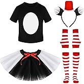 Cozypower Cat Hat Costume Set Black Cat Outfit Girl T-shirt Tutu Skirt Red White Striped Sock Gloves
