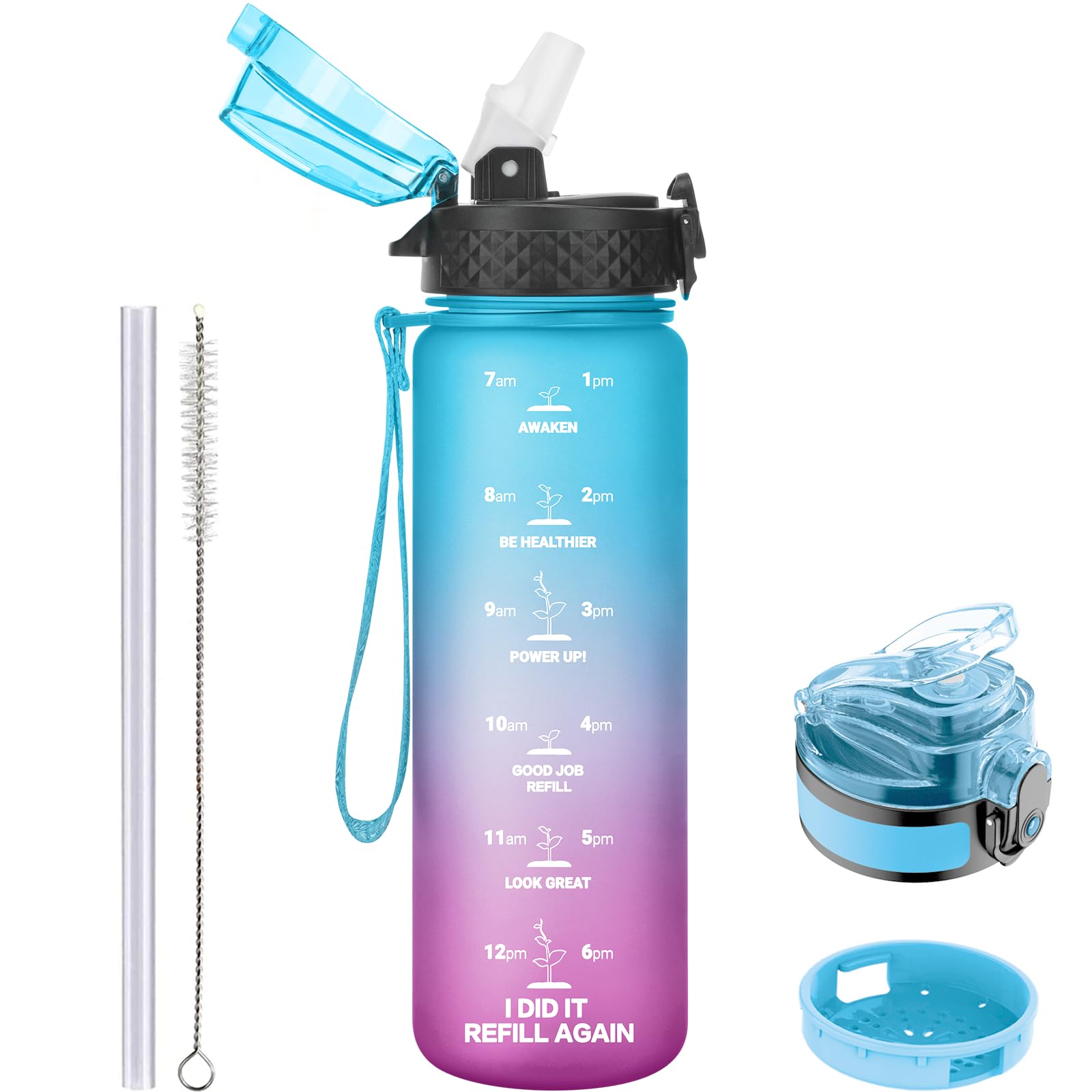 GOPPUS 500ml/17oz Kids Water Bottles with Straw Tritan Childrens Bottle with Flip Top Lid BPA Free Measured Drinks Bottle with Strap Sports Reusable Time Markings Leakproof (Blue Purple)