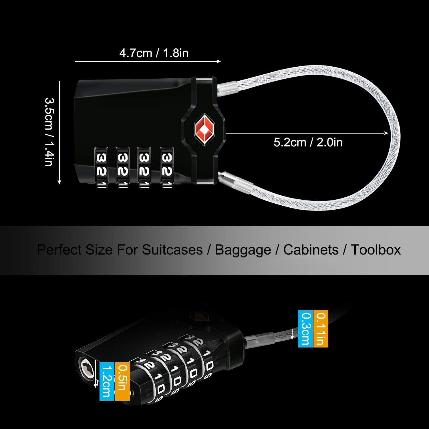  | Tzowla TSA Luggage Backpack Locks, [Upgraded Version][2 Pack] Red-Dot Function 4-Digit Security Travel Lock Combination Padlocks 14cm Flexible Cable Lock for Travel Suitcase Bag Dufflel etc.(Black) | Luggage Locks