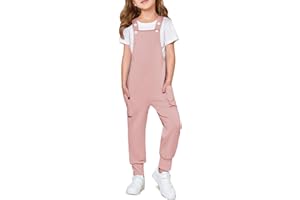 Haloumoning Girls Overalls Kids Casual Sleeveless Jumpsuits Harem Pants Rompers with Pockets 5-14 Years