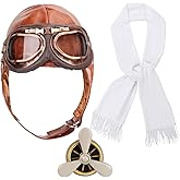 Kyson Aviator Costume 4Pcs 1920s Vintage Aviator Hat With Goggles White Scarf Brooch for Halloween Aviation Pilot Theme Party