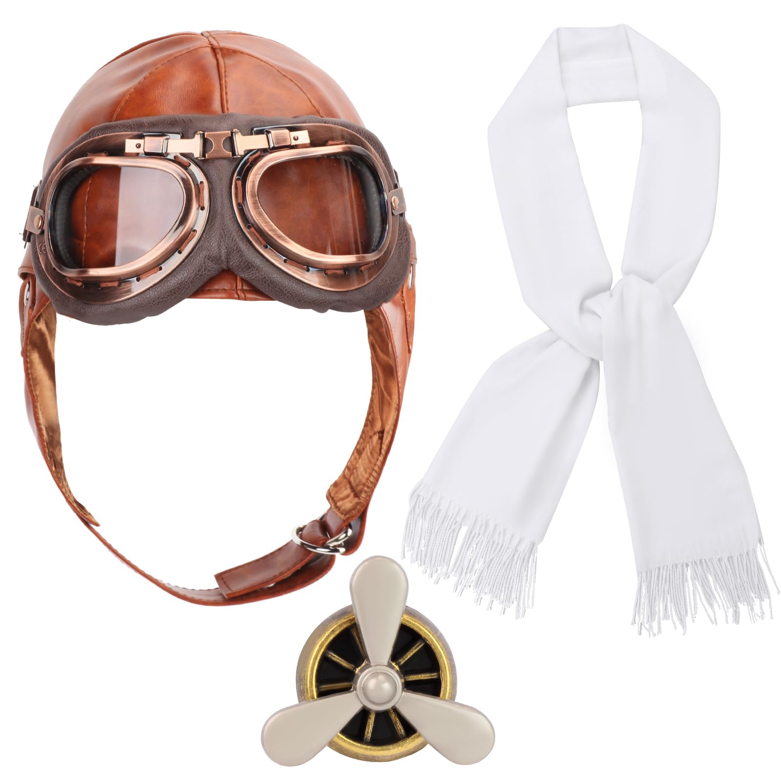 Photo 1 of Kyson Aviator Costume 4Pcs 1920s Vintage Aviator Hat With Goggles White Scarf Brooch for Halloween Aviation Pilot Theme Party (Set A)