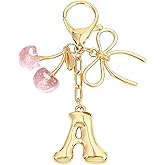 Snycler Bubble Initial Keychain with Bow & Cherry - Gold Letter Bag Charms for Women, Cute Purse Handbag Accessories