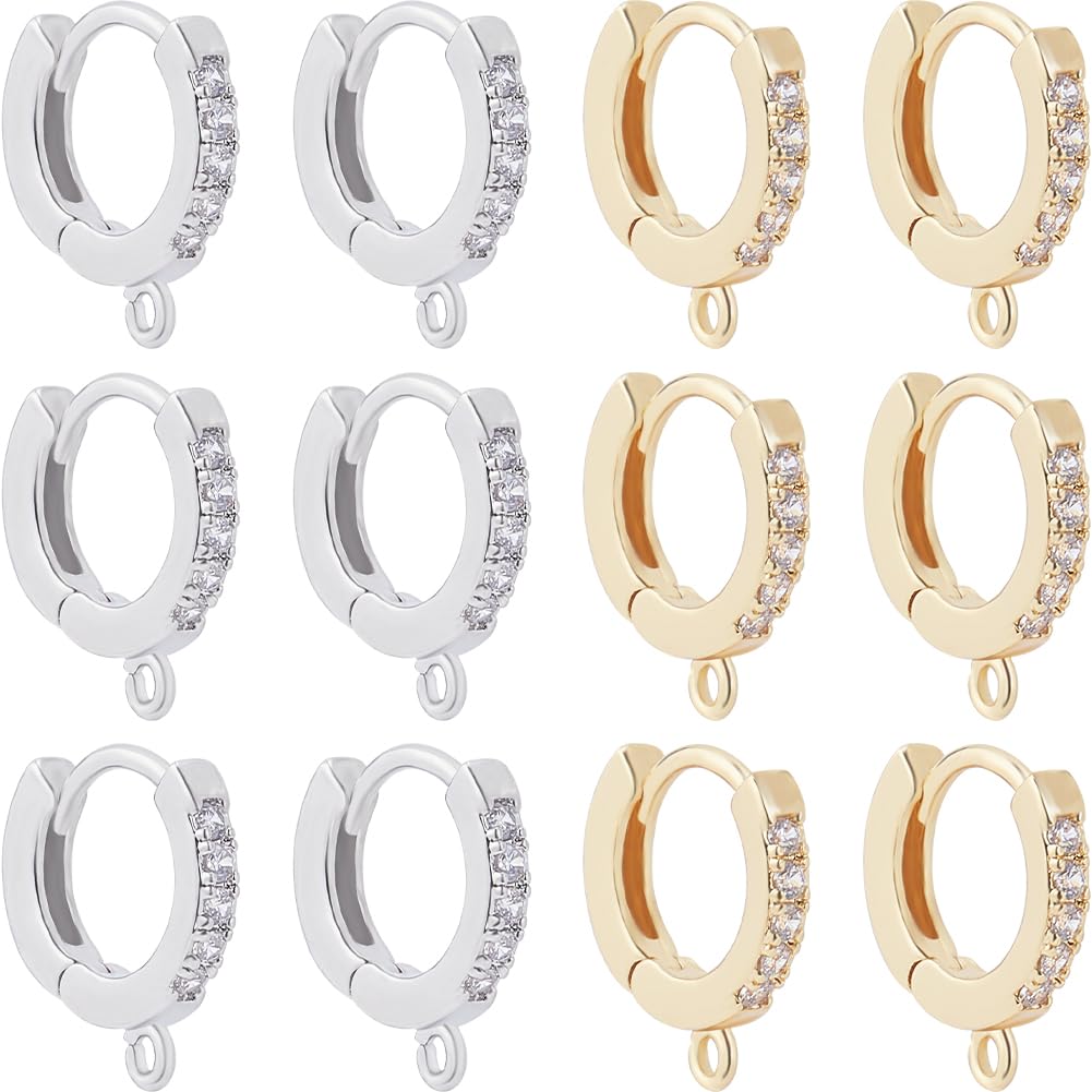 Beebeecraft 1 Box 12Pcs Huggie Hoop Earring Findings 18K Gold Plated Cubic Zirconia 2 Colors Leverback Earring Findings with 1mm Hole for DIY Earring Making — image 1