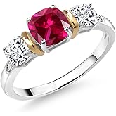 Gem Stone King 925 Silver and 10K Yellow Gold Red Created Ruby White Moissanite and Diamond 3-Stone Women Ring (1.66 Cttw, Cushion 6MM and 4MM)