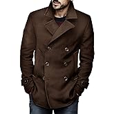 Bbalizko Mens Classic Pea Coat Notched Collar Double Breasted Slim Fit Winter Warm Heavyweight Trench Coats